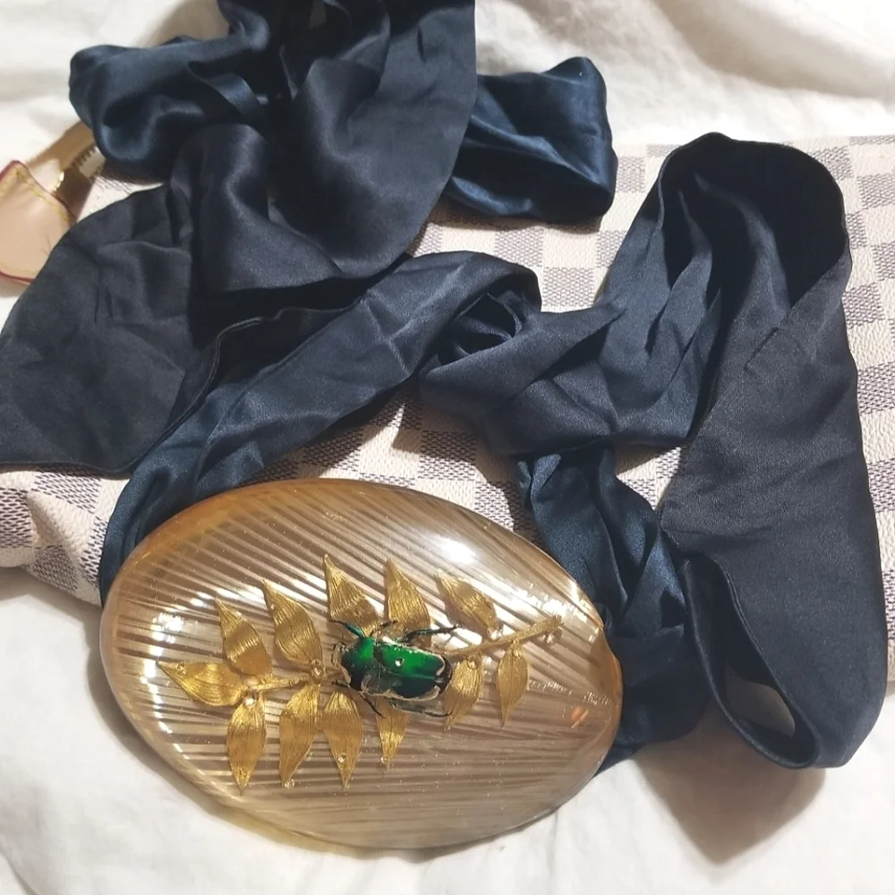 RARE Egyptian Revival Vintage Scarab in Lucite Silk Sash Belt